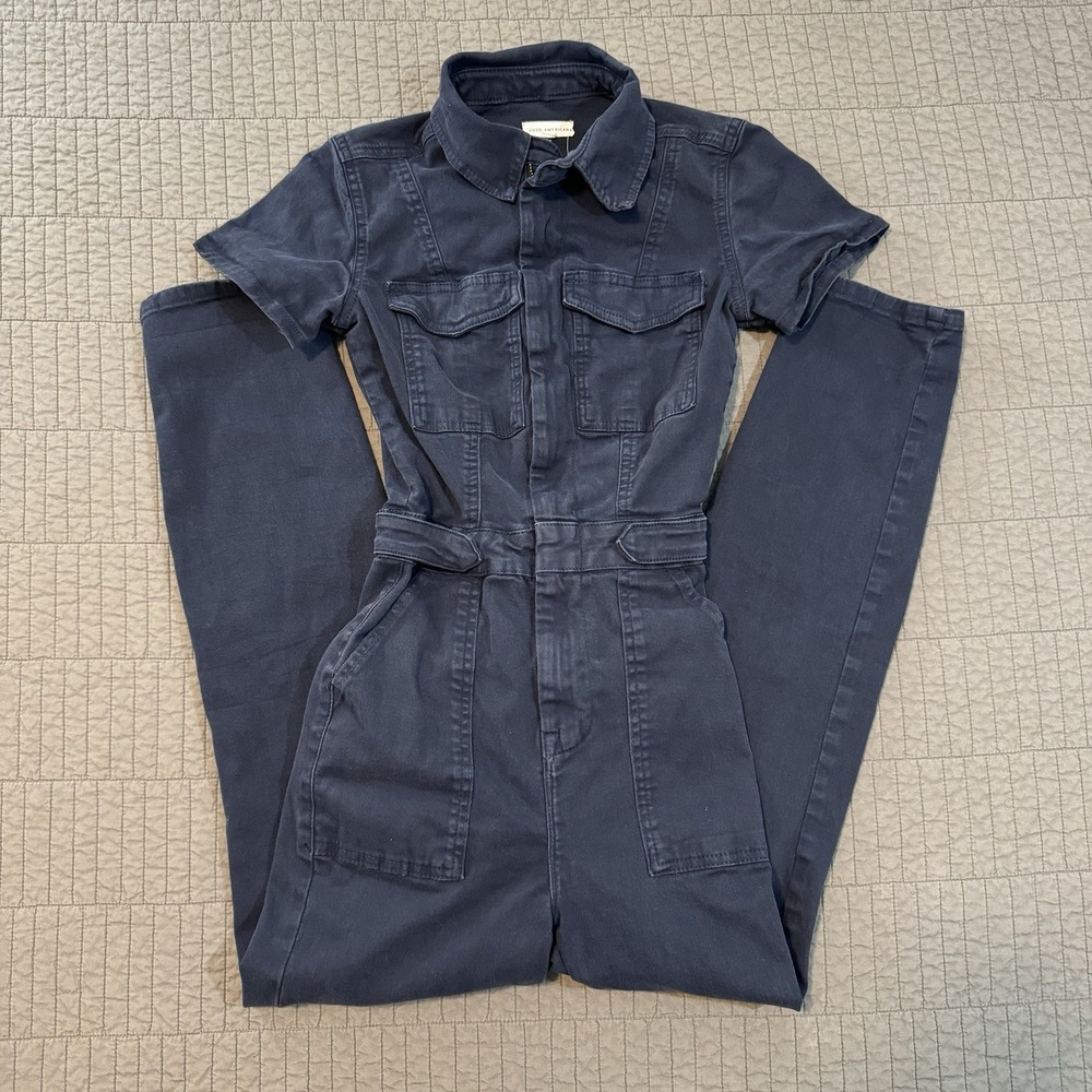 Good American Fit For Success Jumpsuit Women's 0 Blue Short Sleeve‎ Utility Zip